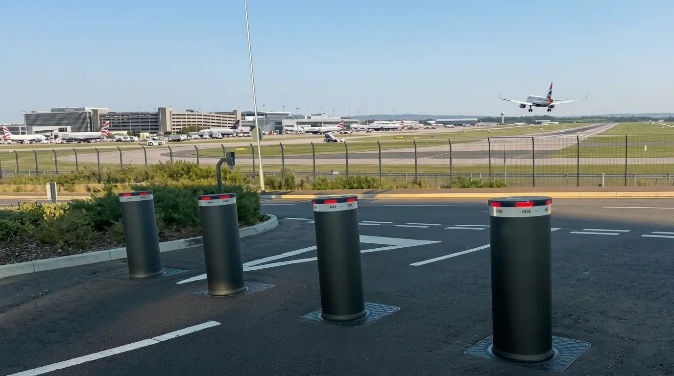 Rising bollards securing an airport access road