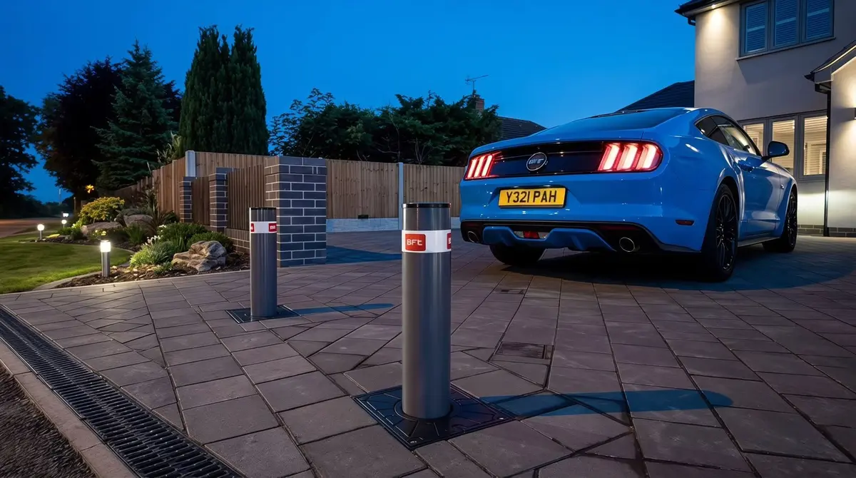 Ford Mustang protected by driveway bollards
